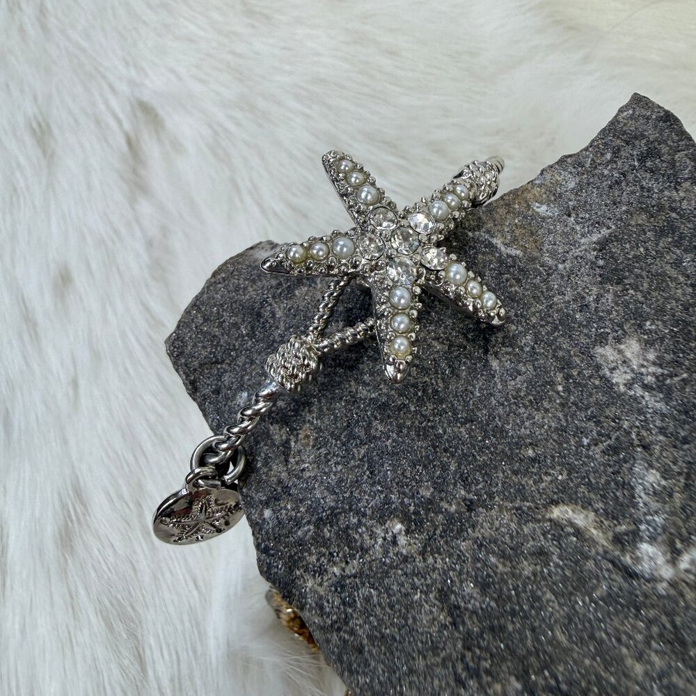 Silver Tone Starfish Bangle Cuff Bracelet w/ Faux Pearls & Rhinestones 6"
